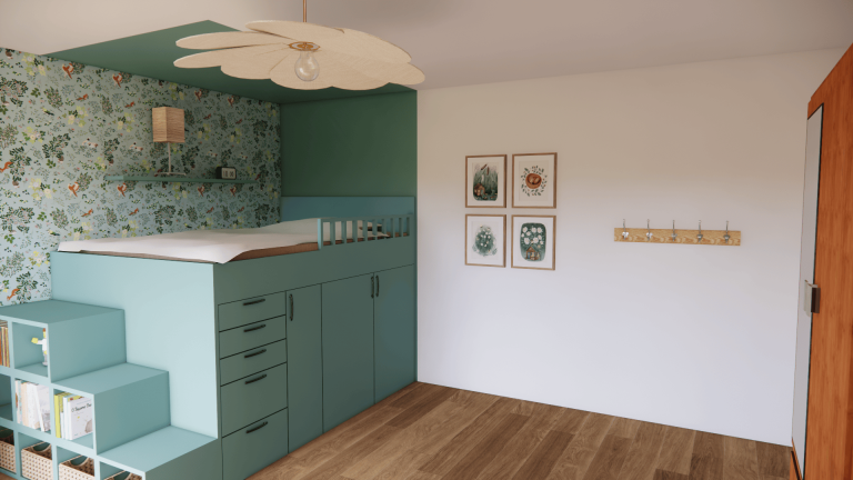 chambre d'enfant Niti-Home avec création d'un lit estrade sur-mesure vert