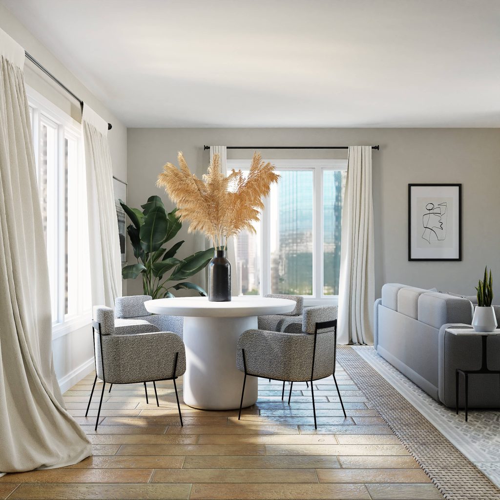 décoration d'une salle à manger avec un vase et des herbes de pampas sur la table