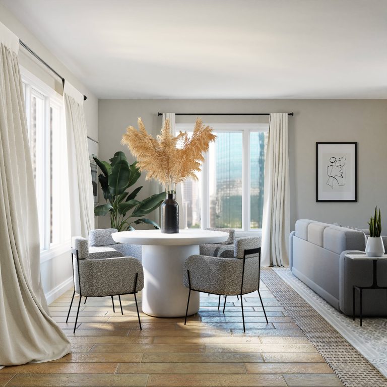décoration d'une salle à manger avec un vase et des herbes de pampas sur la table