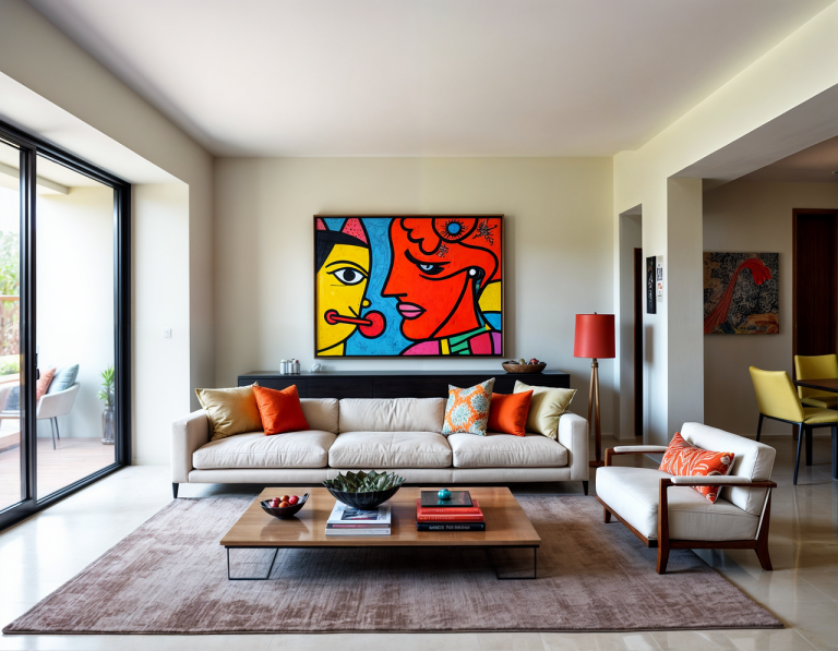 salon avec canapé et fauteuil clairs et tableau pop coloré