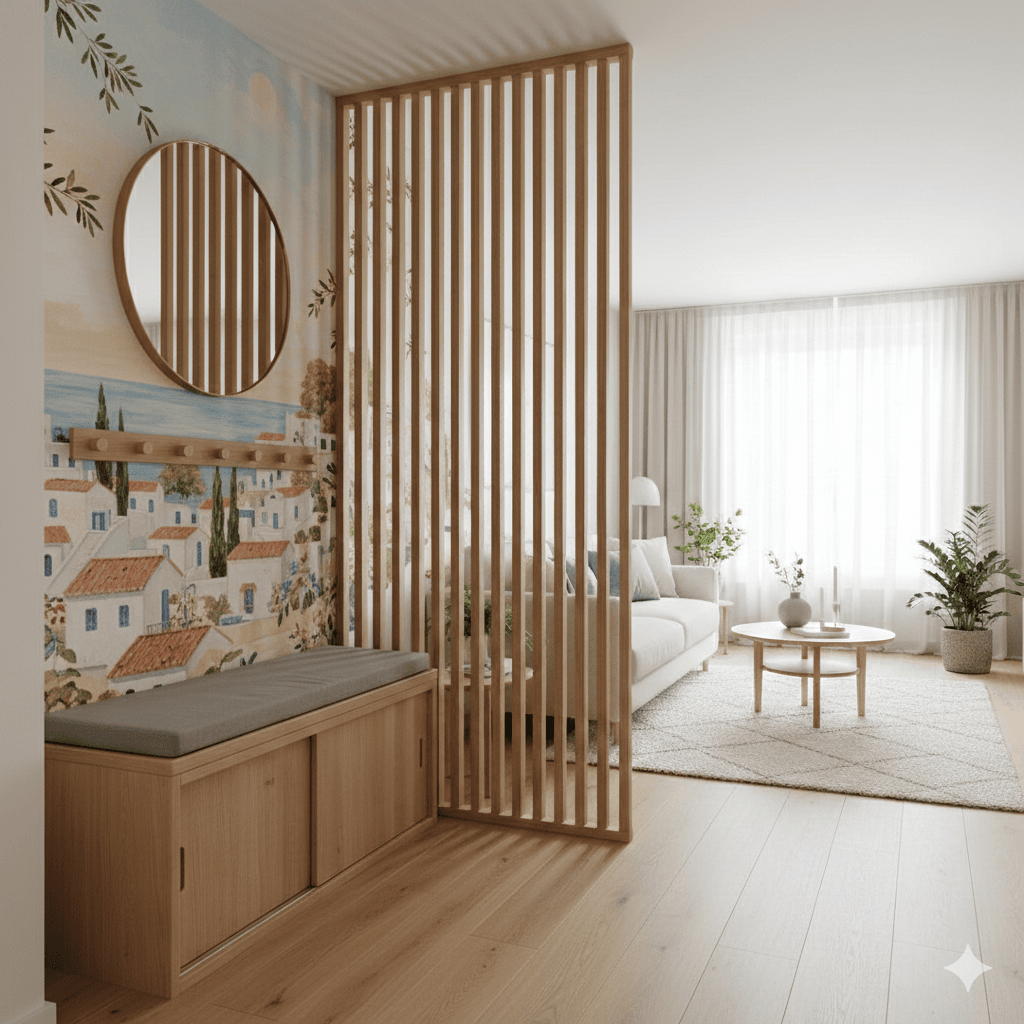 entrée ouverte sur salon avec un claustra en bois, une banquette, un miroir et un papier peint style méditérannée