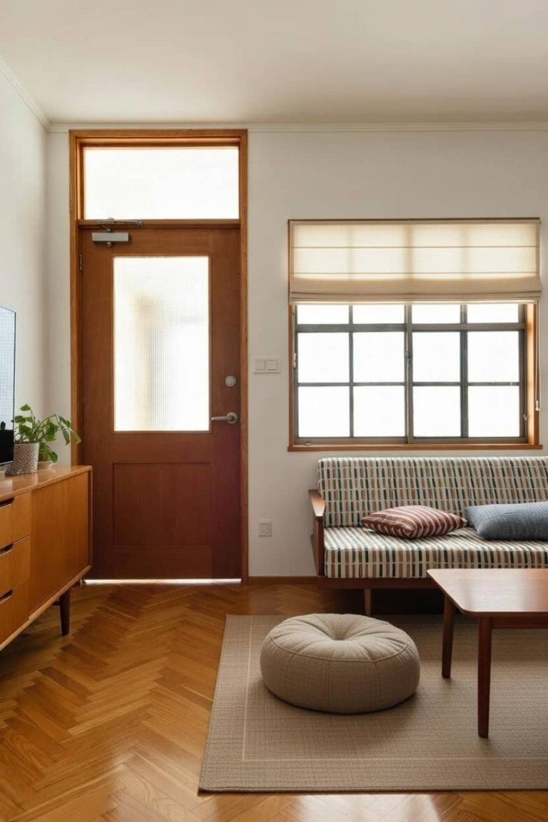 vue d'une entrée ouverte sur un salon de style mid-century