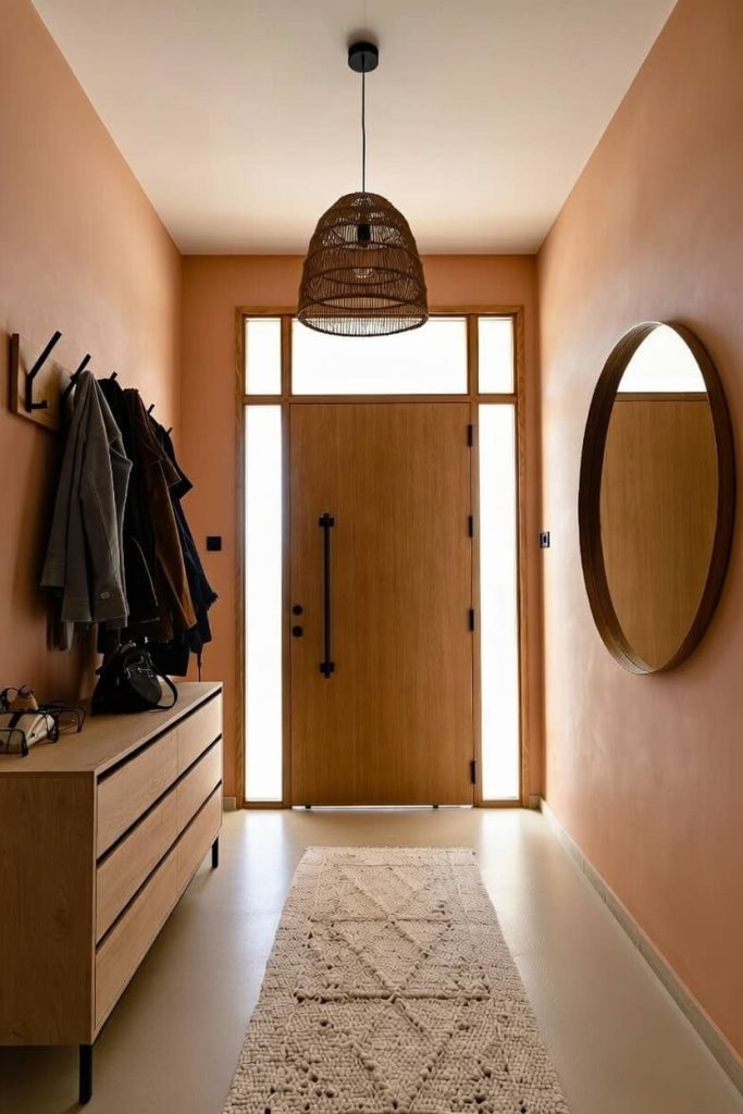 photo d'une entrée de maison dont la porte est en bois et les murs terracotta