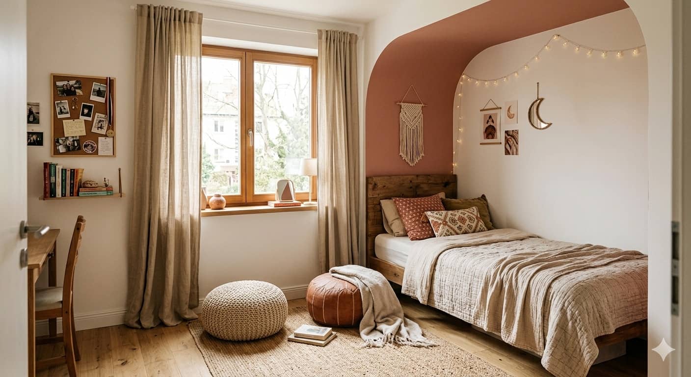 petite chambre d'ado de 9m2 avec alcove peinte en terracota
