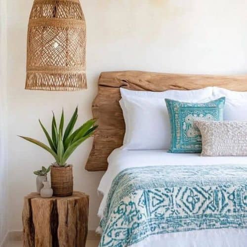 chambre avec matériaux bruts et touche de bleu