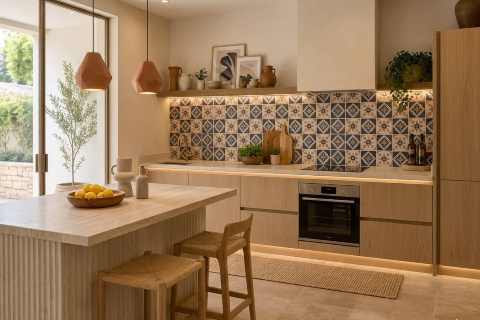cuisine méditerranéenne avec façade bois clair, crédence faîence bleus, sol travertin, ilot central en pierre et tabouret en bois