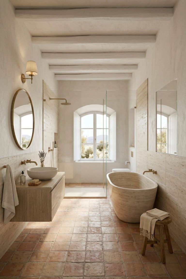 salle de bain style méditerraéen avec baignoire en pierre et douche ouverte avec vitre. Elements en pierre