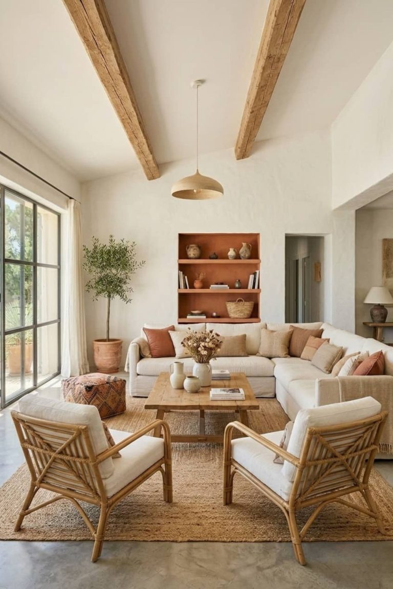 salon de style méditerranéen avec une belle lumière naturelle un canapé et 2 fauteuils clairs