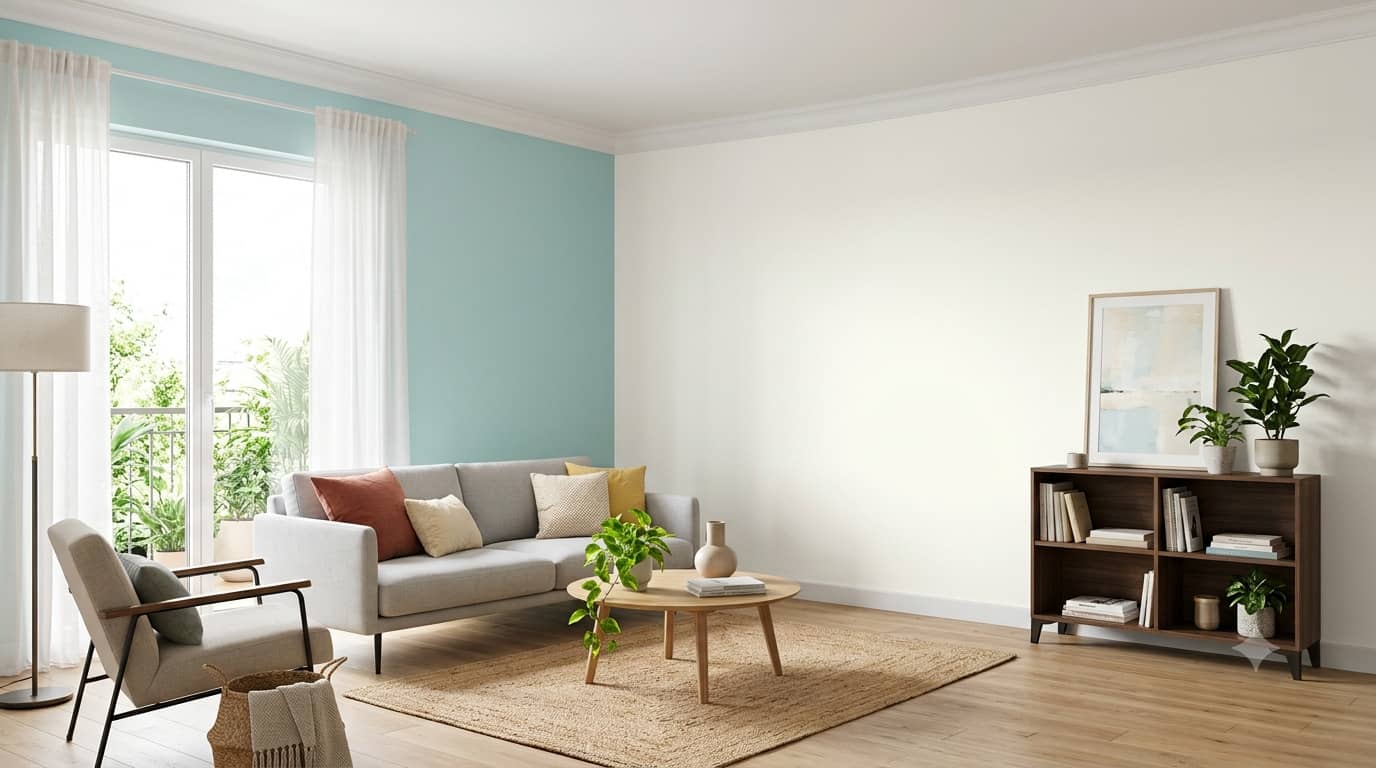 salon avec un mur blanc et un mur bleu clair