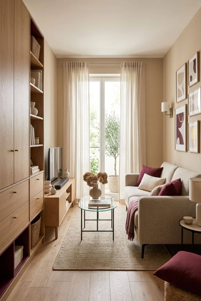 petit salon moderne dans les tons de beige et bordeaux avec beaucoup de rangements