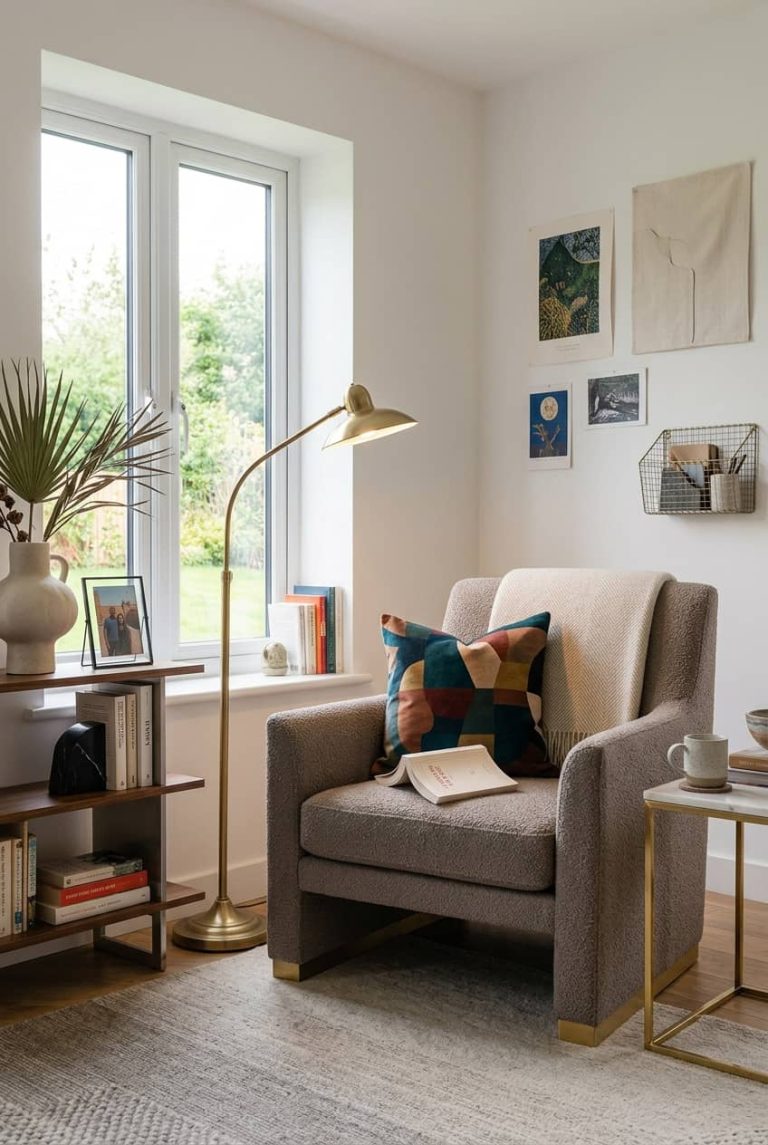 coin lecture avec des objets déco personnels pour donner du charme à une maison neuve