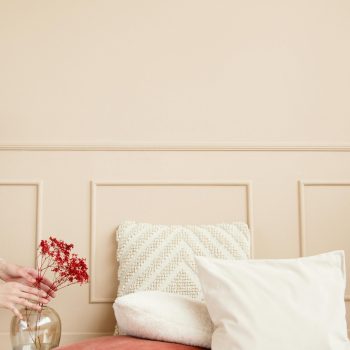 main tenant des fleurs dans un vase avec des coussins décoratifs à côté